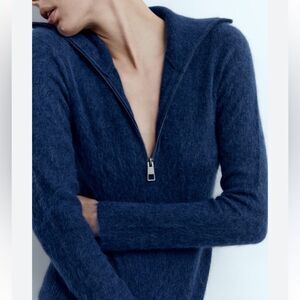 ZARA Quarter Zip Alpaca Wool Blend Pullover Sweater Size S (Seems XS-XXS) Blue